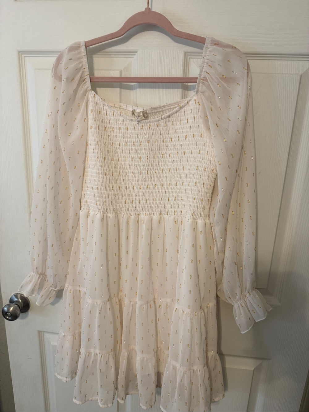 Altar'd State Cream Dress with Gold Dot Smocking